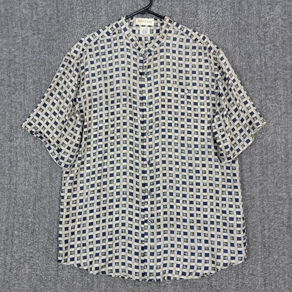 Montage Pour Homme Shirt Mens XL Blue Tan Geometric 100% Silk Short Sleeve
